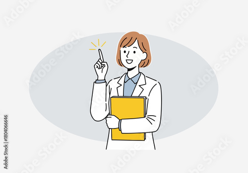 Illustration of a smiling female doctor in a white coat holding a yellow folder and pointing her finger upwards with a bright idea