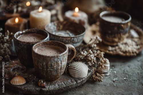 Wallpaper Mural Cups of hot beverage with candles and seashells Torontodigital.ca