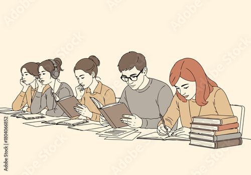 Illustration of a diverse group of young adults are diligently studying and reading books at a long table, engaged in learning and academic pursuits