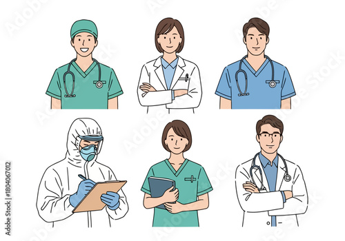 Illustration of a diverse group of six medical professionals, including doctors and nurses, some in protective gear