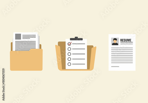 Illustration of three different documents in folders, including a resume and a checklist, on a light background