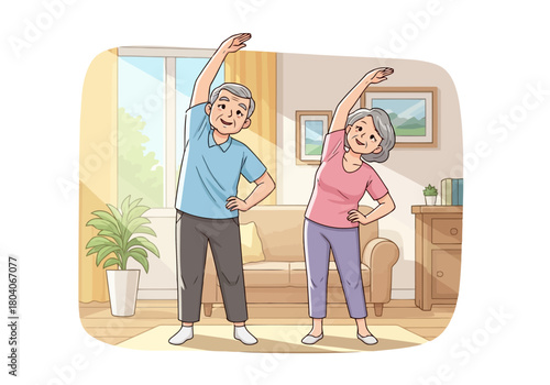Illustration of elderly couple doing stretching exercises together in a bright living room, promoting healthy lifestyle and active aging