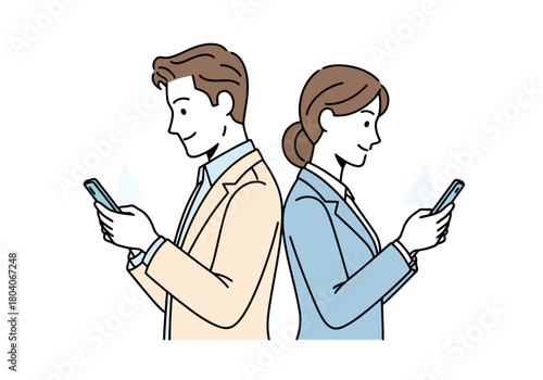 Illustration of man and woman back to back using smartphone
