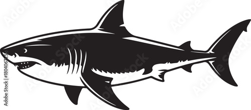 Black and white silhouette illustration of a great white shark with sharp teeth vector
