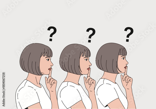 Illustration of three women with short hair and question marks above their heads, making a shushing gesture