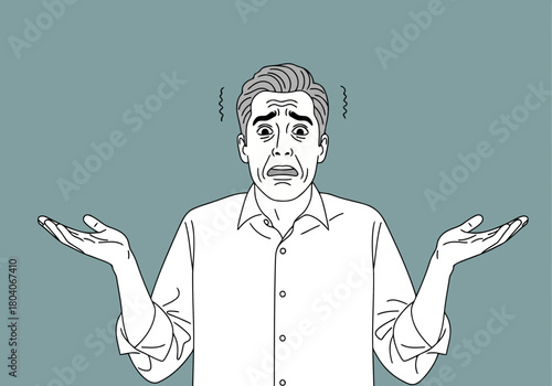 Illustration of man with shocked expression, arms outstretched in a gesture of confusion and helplessness, isolated on a teal background