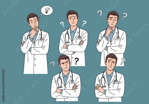 Illustration of a doctor is shown in multiple poses expressing confusion and doubt, with thought bubbles and question marks indicating uncertainty about dental care