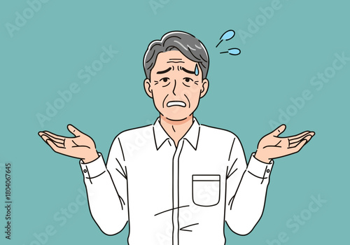 Illustration of elderly man with gray hair and wrinkles, wearing a white shirt, shrugging his shoulders with a confused and worried expression, isolated on a teal background