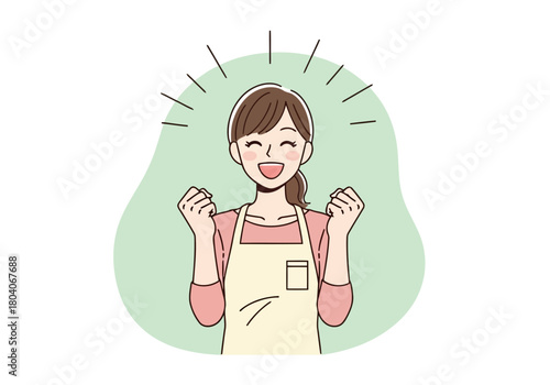 Illustration of a cheerful woman wearing an apron, with her fists clenched in a gesture of success and joy, isolated on a