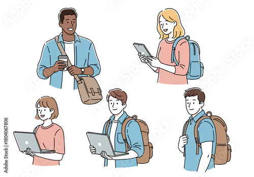 Illustration of diverse group of young adults with backpacks and laptops, representing education, travel, and modern lifestyle