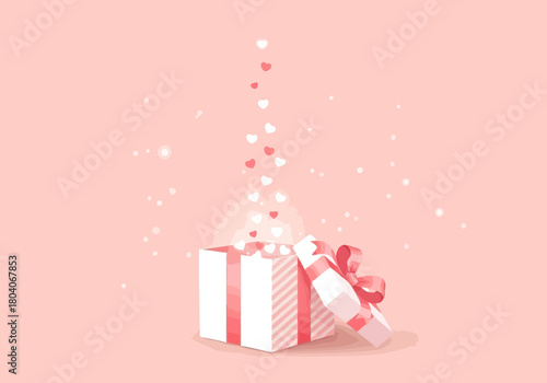 Illustration of a beautifully wrapped gift box with a pink ribbon opens to reveal a cascade of small pink hearts and sparkling glitter against a soft pink background, symbolizing love and celebration