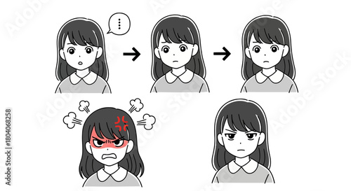 Illustration of a girls emotions changing from surprise to anger and frustration