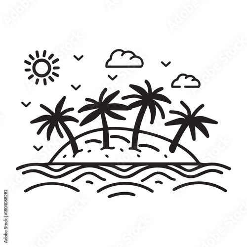 a sunny island with palm trees Line art of  surrounded by water.