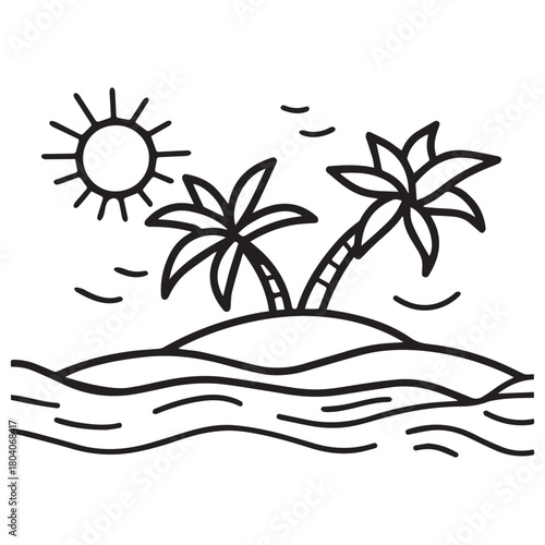 a sunny island with palm trees Line art of  surrounded by water.