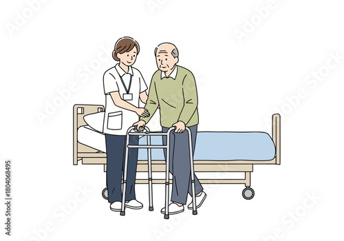 Illustration of nurse assisting elderly man with walker next to hospital bed
