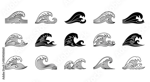Collection of stylized ocean waves in black and white, depicting various forms and movements of water.
