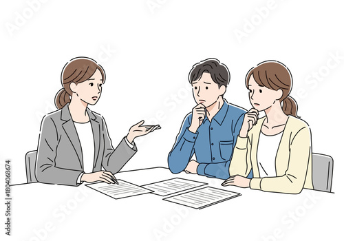 Illustration of a woman in a suit explains documents to a worried couple