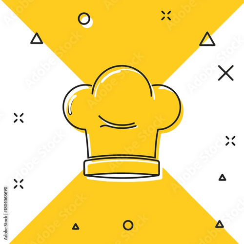 Illustration of chef hat icon with geometric yellow background and scattered shapes