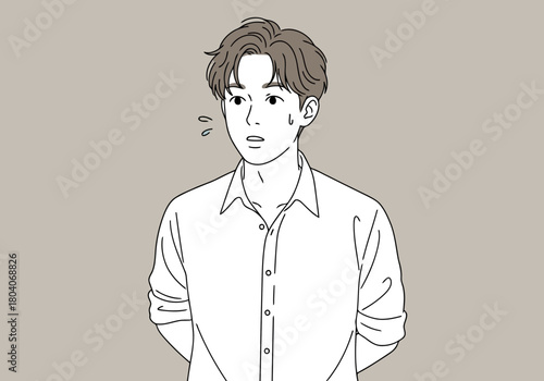 Illustration of a young man in a white shirt looks worried with sweat drops on his forehead, illustrated in a simple line art style against a plain background