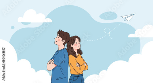 Illustration of young couple standing back to back with arms crossed, looking up at a paper airplane flying in a cloudy sky