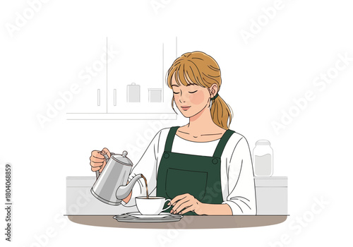 Illustration of young woman wearing an apron pouring coffee into a cup, illustration