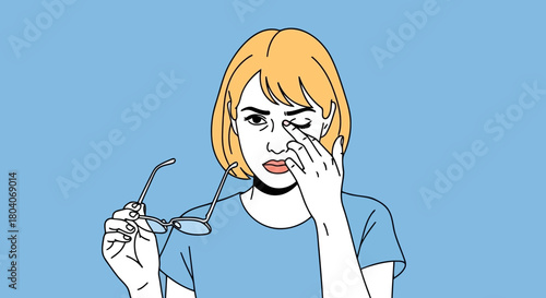 Illustration of young woman with short blonde hair, wearing a blue tshirt, holding glasses and rubbing her eye, against a blue background