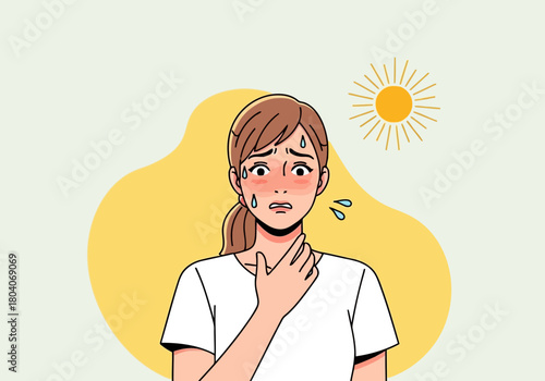 Illustration of woman suffering from heatstroke, feeling unwell and sweating profusely under the hot sun, with red flushed skin and a worried expression