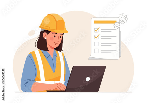 Illustration of female engineer in hard hat and safety vest working on laptop with checklist and gears, concept of project management and construction planning