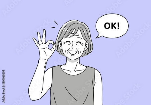Illustration of a smiling elderly woman with short hair gives the ok sign and says ok with a speech bubble, illustration in a simple line art style