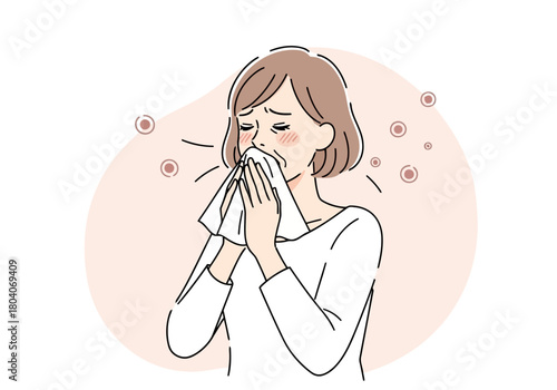 Illustration of a woman blowing her nose with a tissue, suffering from a cold or allergies, with small red particles floating around her