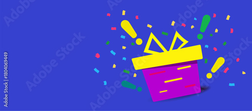 Enter to win prizes. vertical banner. red gift box on blue background and exclamation marks. Fireworks or confetti around. Cartoon origami style vector illustration.