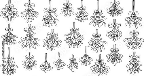 Hand drawn mistletoe branches with bows and berries, Christmas and winter holiday decoration collection, isolated on white background, vector doodle sketch set
