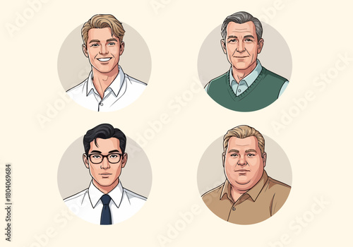 Illustration of four diverse men portraits in circles, representing different ages, ethnicities, and body types, set against a neutral background