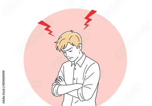 Illustration of frustrated young man with arms crossed, looking down with red lightning bolts above his head
