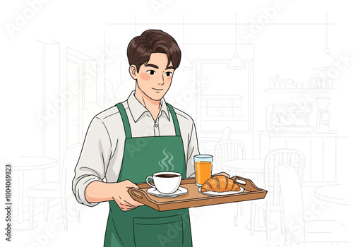Illustration of a smiling young man wearing an apron holds a tray with a cup of coffee, a croissant, and a glass of orange juice, ready to serve