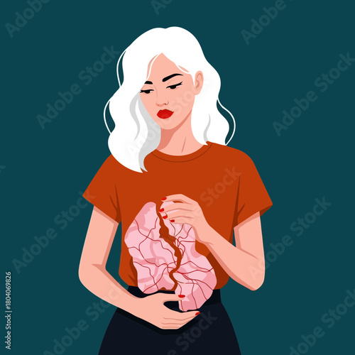 Illustration of woman holding her lungs, symbolizing lung health, respiratory illness, or breathing problems, with a concerned expression
