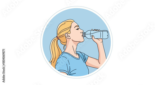 Illustration of woman drinking water from a bottle, healthy lifestyle, hydration, refreshment, and wellness concept