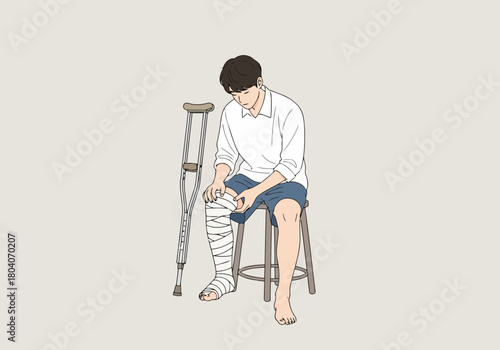 Illustration of a person with a bandaged leg and crutches sits on a stool, looking down with a somber expression, illustrating injury and recovery