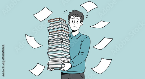 Illustration of a stressed man holding a large stack of documents and papers flying around him, symbolizing workload and pressure
