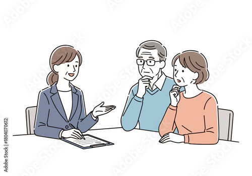 Illustration of a financial advisor or consultant is explaining something to an elderly couple, possibly discussing insurance or investment options