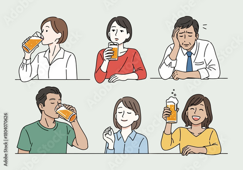 Illustration of a diverse group of six people, men and women, enjoying drinks, some with expressions of pleasure, others with fatigue or contemplation
