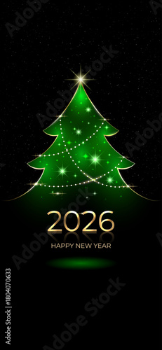 2026, 26 happy new year wallpaper. Shiny golden 2026 with christmas tree. Shiny gold. Holiday greeting card. New Year design for invitation, greeting card, calendar. Party event decoration, vector