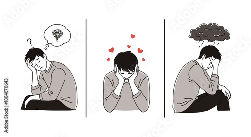 Illustration of man experiencing different emotional states confusion, love, and sadness
