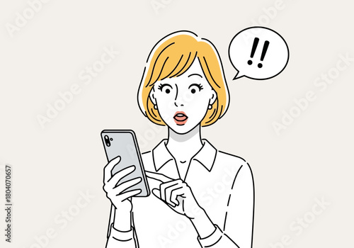 Illustration of a surprised woman looking at her smartphone with an exclamation mark in a speech bubble, conveying shock or disbelief