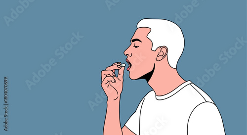 Illustration of man taking a white pill, closeup profile view, with a plain blue background
