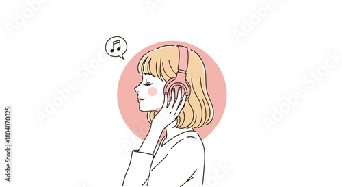 Illustration of young woman with short blonde hair wearing headphones and listening to music