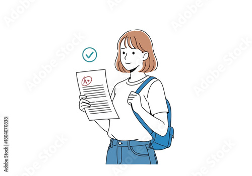 Illustration of young girl proudly holding up a paper with an a grade and a checkmark