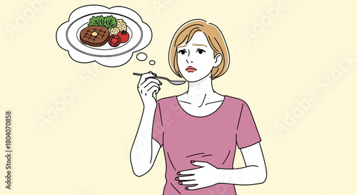 Illustration of a woman is thinking about food while holding a fork and touching her stomach, with a thought bubble showing a meal