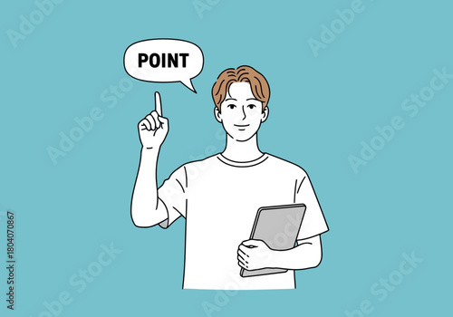 Illustration of a young man in a white tshirt points his finger upwards with a speech bubble saying point while holding a tablet in his other hand, against a teal background