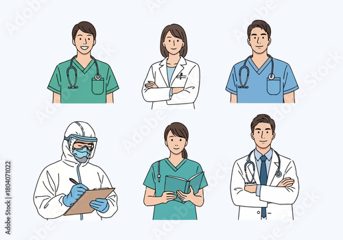 Illustration of diverse group of medical professionals in various attire, including scrubs, lab coats, and protective gear, representing healthcare workers and their dedication to patient care